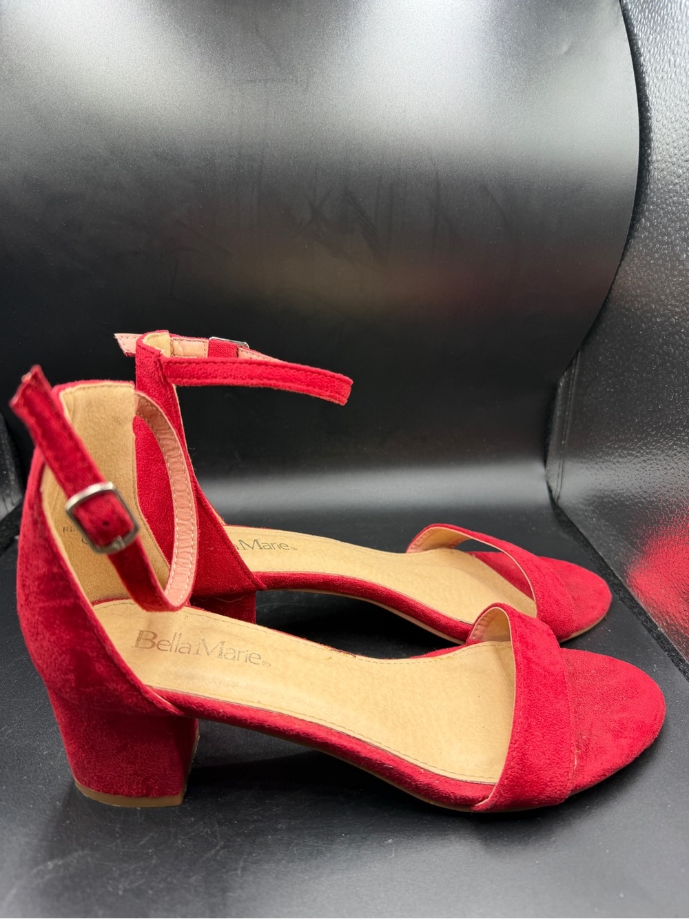Bella Marie Red Suede Ankle-Strap Block Heel Sandals